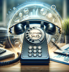 DALL·E 2023-12-20 14.59.24 – Create a professional image for a course titled ‘Telephone Sales’. The image should prominently feature the exact words ‘Telephone Sales’ at the top.