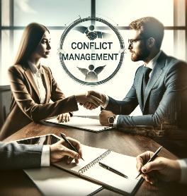 DALL·E 2023-12-20 15.01.30 – Create a professional image for a course titled ‘Conflict Management’. The image should prominently feature the exact words ‘Conflict Management’ at t