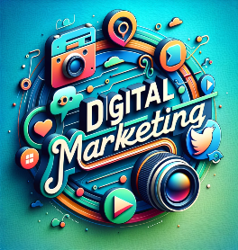 DALL·E 2023-12-20 16.37.50 – A professional and engaging design featuring the phrase ‘Digital Marketing’ in the center, using a bold and modern font. Surrounding the text are styl