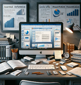 DALL·E 2023-12-20 09.38.52 – A realistic office scene depicting essential Microsoft Word, PowerPoint, and Excel skills for the end user, without showing any people. The scene incl