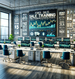 DALL·E 2023-12-20 09.48.55 – A realistic office scene representing Sales Training for Forex Sales Executives, without showing any people. The scene includes a training area with m