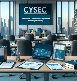 DALL·E 2023-12-20 14.33.44 – A realistic office scene for ‘CySEC Examination Preparation Course’, without showing any people or chairs. The scene includes a desk with study materi