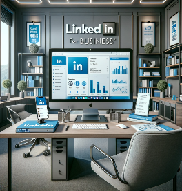 DALL·E 2023-12-20 14.38.33 – A realistic office scene for ‘LinkedIn for Business’, without showing any people or chairs. The scene includes a modern desk with a computer setup dis