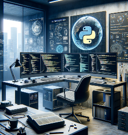DALL·E 2023-12-20 09.21.37 – A realistic office scene representing Artificial Intelligence (AI) development using Python, without showing any people. The scene includes a workspac