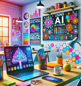 DALL·E 2024-08-23 08.37.07 – A vibrant and colorful image showing a professional workspace set up for a 21-hour course on ‘Using AI in Social Media’. The scene includes a modern d